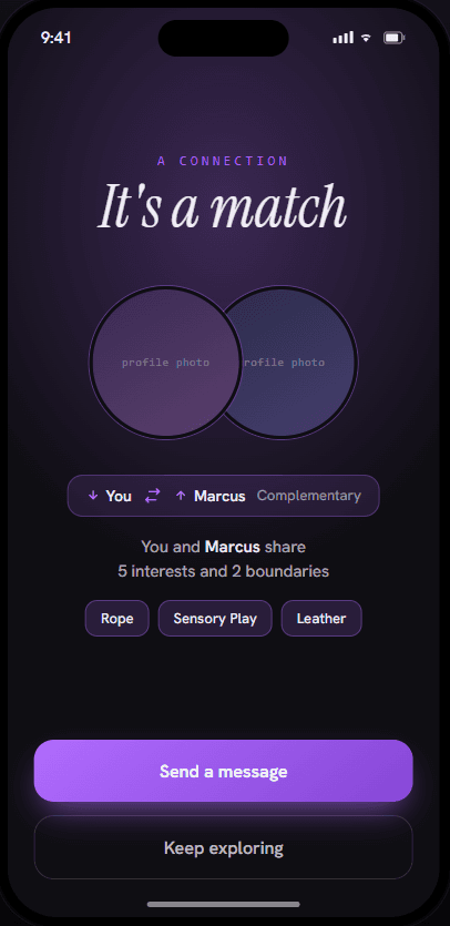 Fetsee match screen showing two connected profiles with shared interests and a complementary dynamic after a mutual match