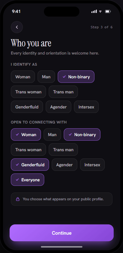 Fetsee onboarding screen for choosing your identity and who you're open to connecting with