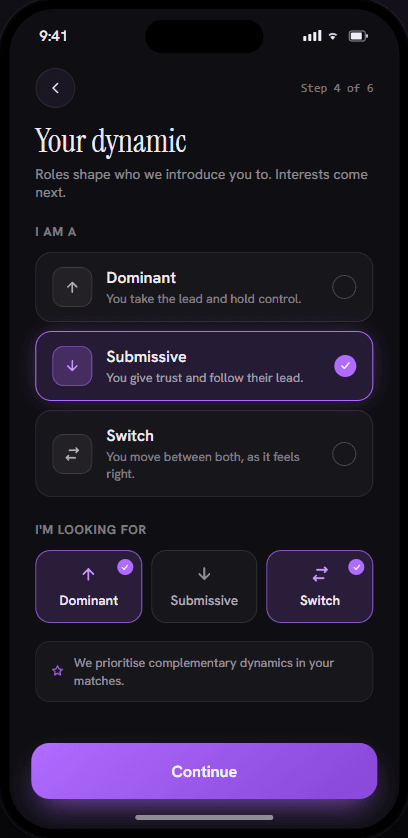 Fetsee onboarding screen for choosing your dynamic — dominant, submissive, or switch — and what you're looking for